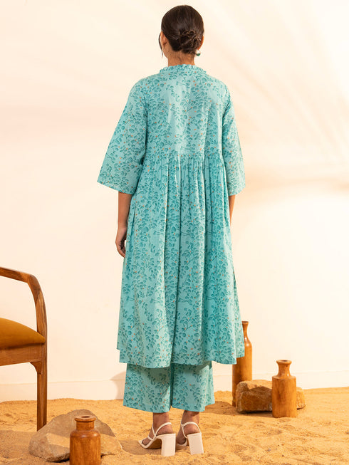 Sea Green Cotton Floral Printed Kurta with Palazzo